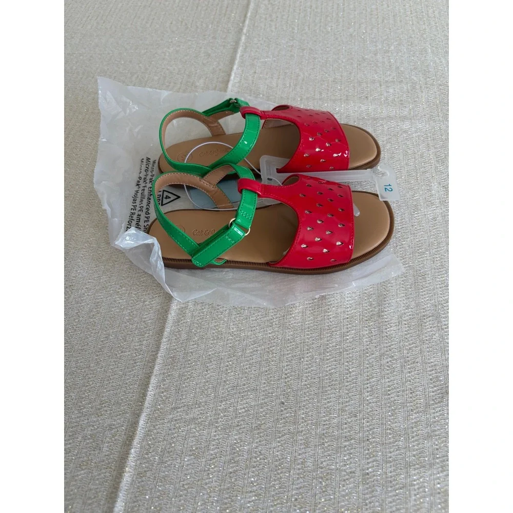Cat & Jack‎ Strawberry Sandals Kids Size 12 Red Green NEW Fruit T-Strap Shoes